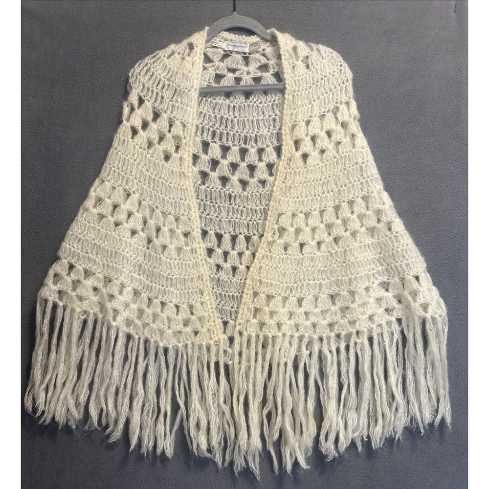 Symphony Scarfs Crochet Shawl Women OS Ivory Vintage Wool Mohair Fringe Wrap